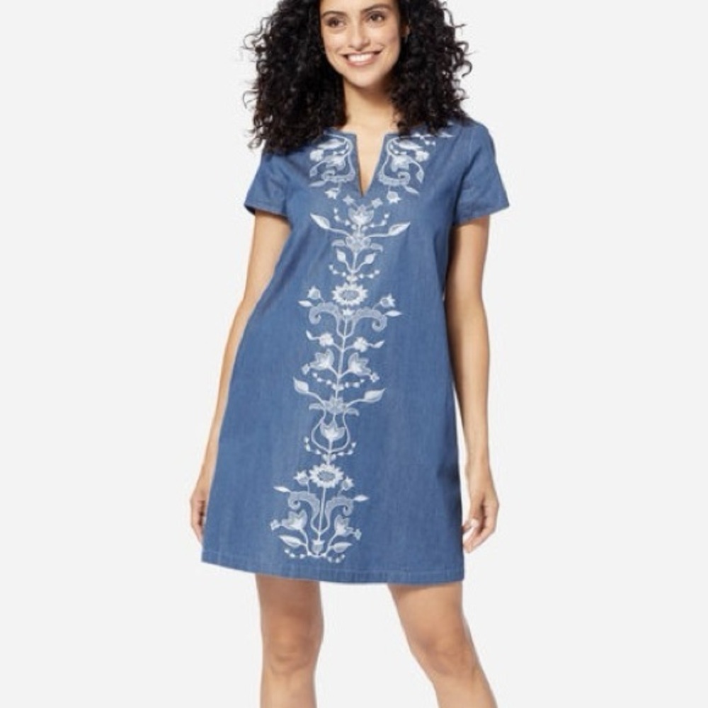 Pendleton Tala Dress Chambray Floral Embroidered Boho Shift Dress Large Petite